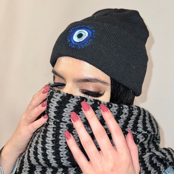 NO BAD VIBES EVIL EYE BLACK BEANIE - Picture 2 of 4